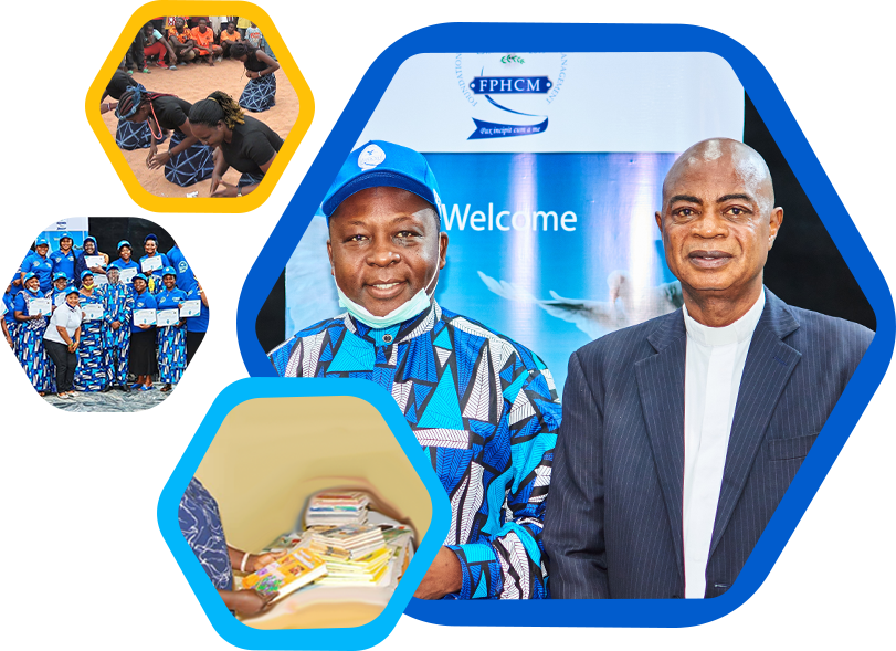 FPHCM founders welcoming guests, our team in uniform, and books donated through the Zero Illiteracy Project